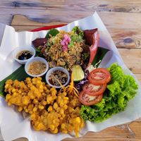 Tea Leaf Salad and Corn Fritters at Green Food in Chiang Mai
