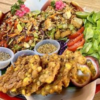 Sweetcorn fritters, Larb salad and banana blossom salad   at Green Food in Chiang Mai
