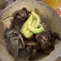 Chilaquiles con salsa lenteja y setas al guajillo  at Luna Pach in Valladolid