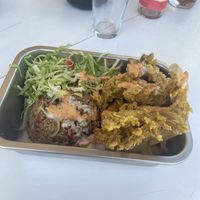 The daily special: Peruvian rice with salad and fries with super crunchy and delicious mushrooms. Seriously can’t say what I most enjoyed as I loved everything! Good portions!  at Ongo in Porto