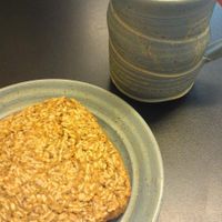 Vegan oatcake and chai latte with almond milk.  at Cafe Brea in Dartmouth