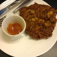 Vegan pakora with mango chutney  at Cafe Brea in Dartmouth