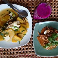 banana flower salad, pumpkin in curry, dragon fruit shake at Fuang Vegetarian in Chiang Mai