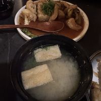 Agadashi tofu (partway through!) and vegan miso (by request)  at Bincho Boss in Melbourne