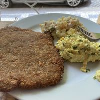 Schnitzel, egg salad and potato salad  at Bezmasna in Prague