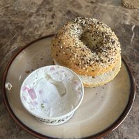 everything bagel with vegan chives and onion spread   at Jeff's Bagel Run in Ocoee
