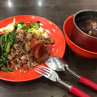 Brown rice with green veggie and beetroot soup  at Green Vegetarian 三德 - YewTee in West Singapore