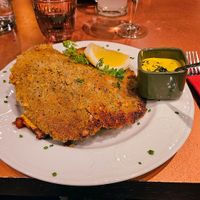 Vegan schnitzel, Bearnaise sauce and potatoes (hiding under the schnitzel!) at Ravintola Santpauli in Helsinki