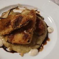 Eggplant cutlet, polenta cream and balsamic reduction at Ristorante Domingo in Delebio
