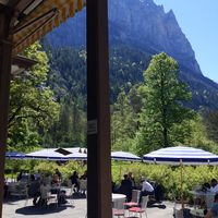 Outdoor seating at Trummelbach Cafe in Lauterbrunnen