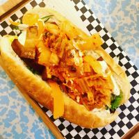 Vegan banh mi with smoked tofu and kimchi  at Quinoa in Barcelona