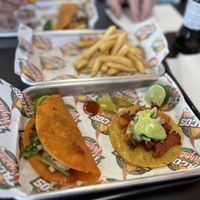 Al Pastor taco, birria taco & French fries   at Tacos Veganos II Avondale   in Avondale