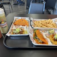 Birria tacos, carne Asada taco, Al pastor taco, fries, red & green taco sauce  at Tacos Veganos II Avondale   in Avondale