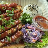Tofu chicken katsu with purple potato saladd  at Luna's Vegan Eats in Kailua Kona