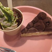 Raw chocolate cake and strawberry and pistachio soy soft serve  at Sasaya Cafe in Tokyo