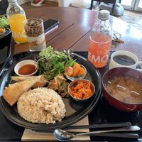 Vegan deli plate with rice and miso soup at Sasaya Cafe in Tokyo