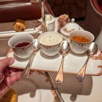 The scones are served with 2 types of jam and vegan clotted cream. at Afternoon Tea at The Savoy - Thames Foyer  in London