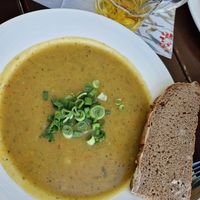 Potatoe and vegetable soup with bread at Schlosswirtschaft Herrenchiemsee in Herrenchiemsee