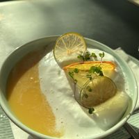 Lime and sweet potato soup, beautifully presented  at Trude & Töchter in Vienna
