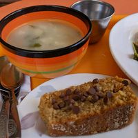 Soup and cake as part of the set meal at Quinua in Quito