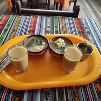 Soup and fruit juice  at Quinua in Quito