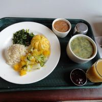 pre-set lunch. That day they had steamed veggies, brown rice, soup, potato/ fake meat thing, greens. at Quinua in Quito