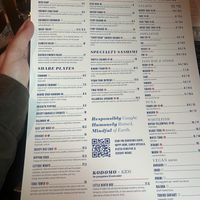 Menu with vegan options marked (green v)  at Blue Sushi in Kansas City