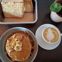 Cheese & ham toast, peanut butter & banana pancakes. at GAL Cafe in Lisbon