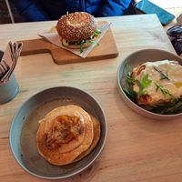 "Salmon" bagel, croque monsieur, and pumpkin spice pancakes. at GAL Cafe in Lisbon
