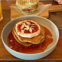 Cashew cream and strawberry pancakes and matcha bun with tofu   at GAL Cafe in Lisbon