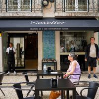 Nat'elier outside sitting (right in front of Santa Justa lift) at Nat'elier | Pastel de Nata in Lisbon
