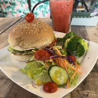 Lionsmane burger with plain sides and watermelon-passion kombucha (with little kombucha)  at WellSmoocht in West Singapore