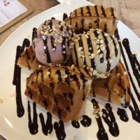 Waffle with strawberry and salted caramel ice cream  at WellSmoocht in West Singapore