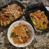 Vegan Pad Thai w/ tofu & veggies (left) as well vegan drunken noodles w/ veggies (right) center vegan Pad Thai (in bowl couldn’t wait!)  at Bamboo Bistro in Westbrook
