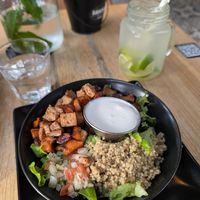Quinoa bowl: tofu and sweet potatoes were tasty but the rest pretty plain. Would be better with a dressing vs. vegan mayo. Also felt like a small portion. Limeade was good! at Santos Coffee With Soul in Oranjestad