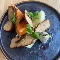 Marinated melon with BBQ tempeh as a starter. Very surprising combination, but would not order again / recommend. Not my type of dish / flavors.   at Danel  in Utrecht