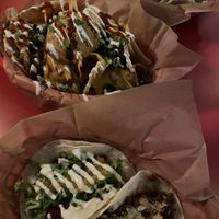 Nachos, fried tofu taco and lentils al pastor taco (fried tofu was the winner!)  at Taco Party in Somerville