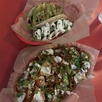 Breakfast taco, cheezy potato taco, nachos with added chorizo seitan  at Taco Party in Somerville