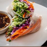 Fresh all veggies Spring rolls!!, comes with a peanut (soy based) sauce, but they have other yummy sauce options too.  at Stir House - Vegan Stir Fry in Atlanta