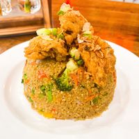 The Lucky Buddha - Savory Quinoa stir fried with veggies and topped with a Fried Oyster Mushroom and Asian style Pineapple Sauce! Craziest combo and so so yummy!  at Stir House - Vegan Stir Fry in Atlanta
