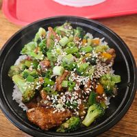 Orange "chicken"! The chikn pieces were so crispy and the sauce was amazing. Broccoli was perfectly cooked too at Stir House - Vegan Stir Fry in Atlanta