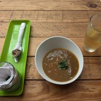 Ice tea with the best soup I've had in Colombia at Laurel Vegan Bistro Gluten-Free in Palomino