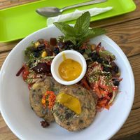 Potato? Fritters and fresh salad with passion fruit dressing at Laurel Vegan Bistro Gluten-Free in Palomino