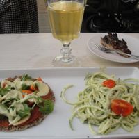 pizza, pasta ans kombucha at Matapoteket in Stockholm