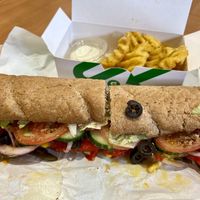 Plant patty sub & waffle fries with dip   at Subway in Blairgowrie