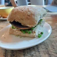 Warm sourdough roll with portobello mushroom, smashed peas & salsa verde at Potarch Café in Banchory