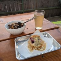 Kombucha, vegan muffin, and and acai bowl. All delightful and refreshing. $25 at Bodhi Bistro in Corvallis