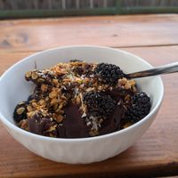 I asked her the best vegan item on the menu and she said the acai bowl. On a summer day like today the cold refreshing vegan ice. Also acai treat with granola and fresh berries mak at Bodhi Bistro in Corvallis