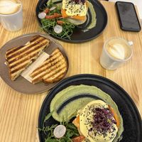 Dirty chai, Eggs Benedict and a Mozzarella, Pesto and sundries tomato grilled sandwich   at Asante in Barcelona