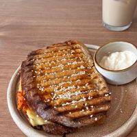 I had the Kimchi and Cheeze Toastie with an Iced Chai Latte. at Oat and Bean in Cardiff